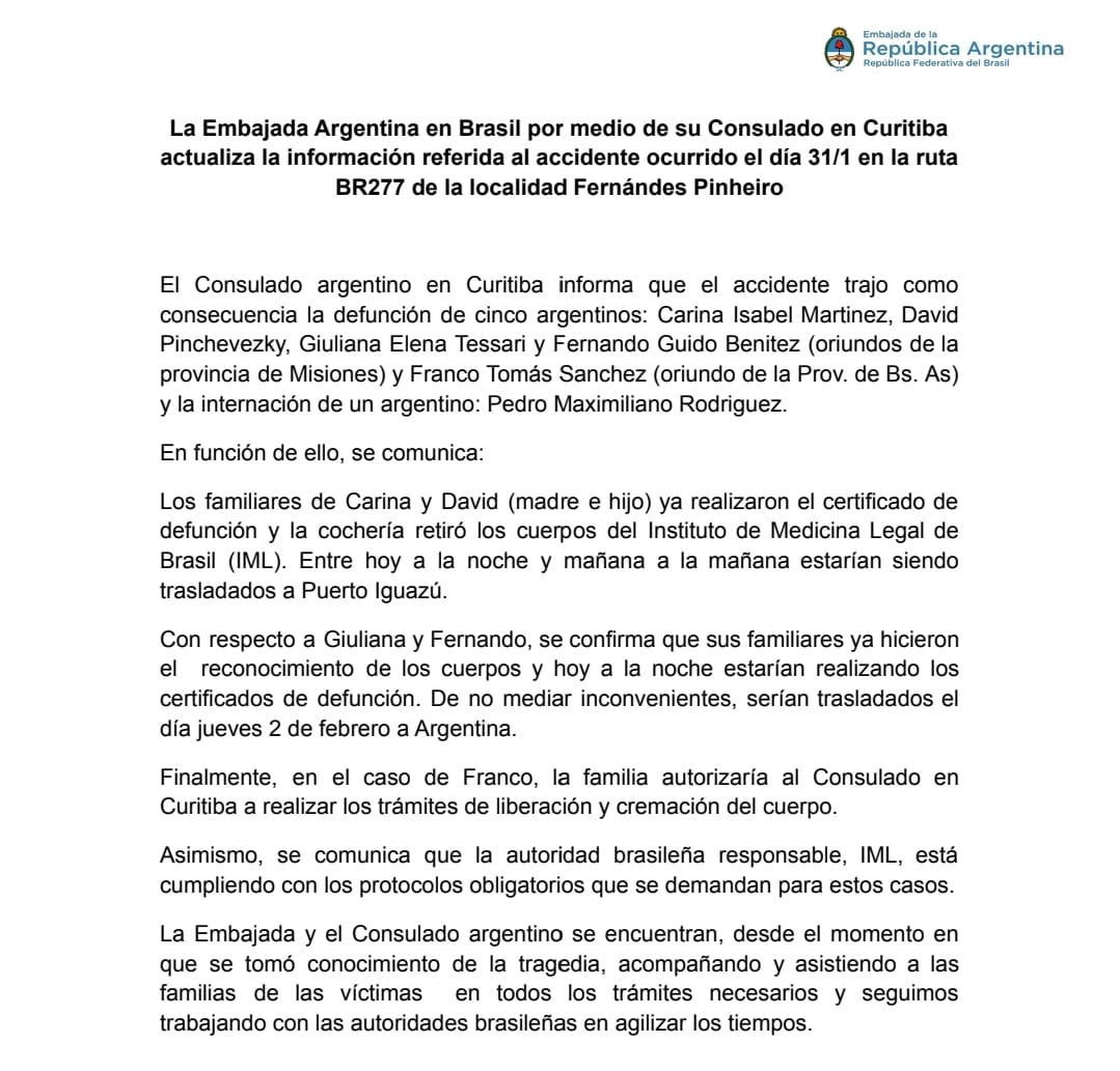 Salud Pública trabaja junto al Consulado Argentino en el traslado de los misioneros que fallecieron en accidente en Brasil imagen-2