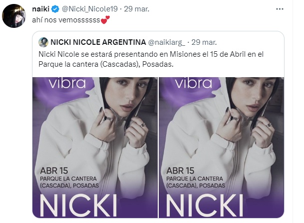 Nicki Nicole confirmó en sus redes el show que dará en Posadas imagen-2